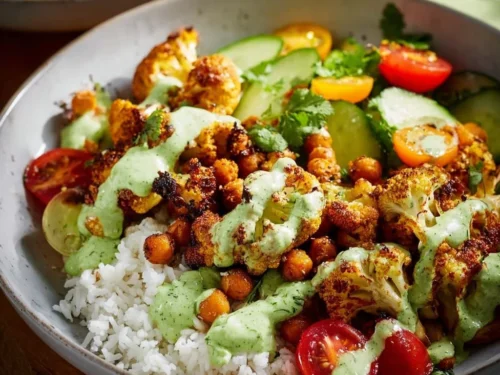 Delicious cauliflower shawarma bowl with fresh veggies and spices