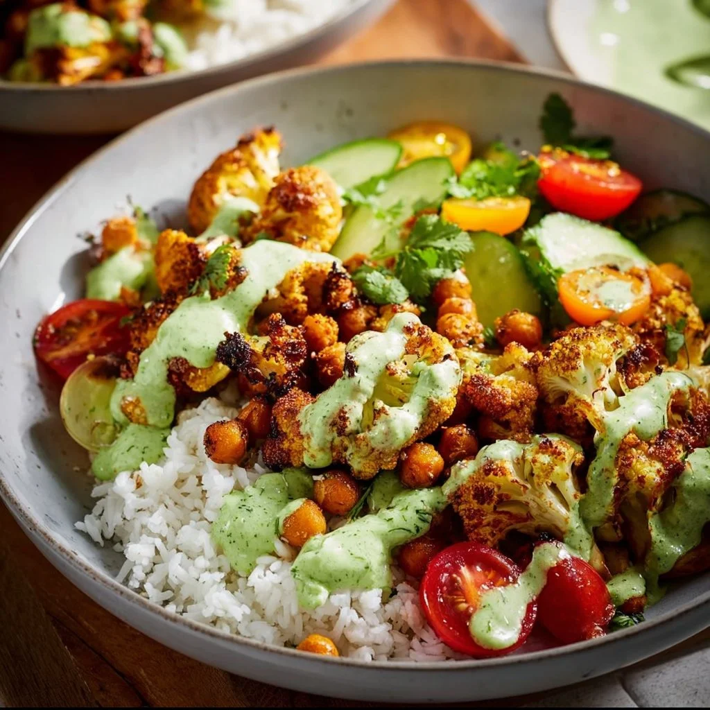 Delicious cauliflower shawarma bowl with fresh veggies and spices