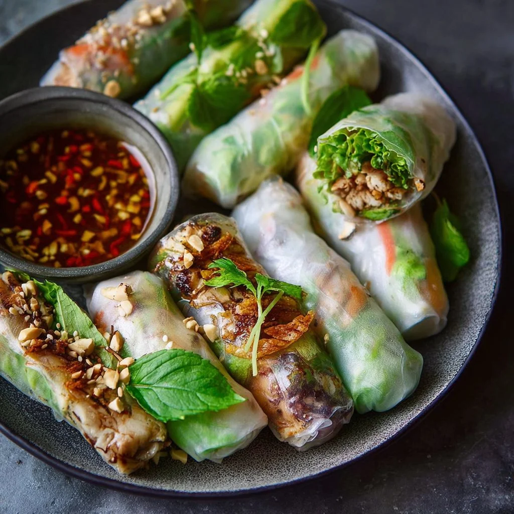 Healthy chicken spring rolls wrapped in lettuce, served with dipping sauce.
