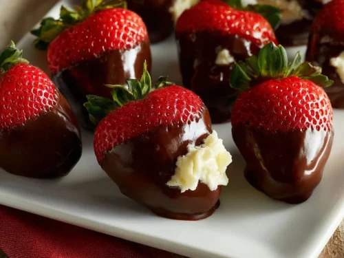 Delicious chocolate covered strawberries topped with cheesecake filling
