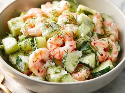 Fresh cucumber shrimp salad with vibrant vegetables and dressing