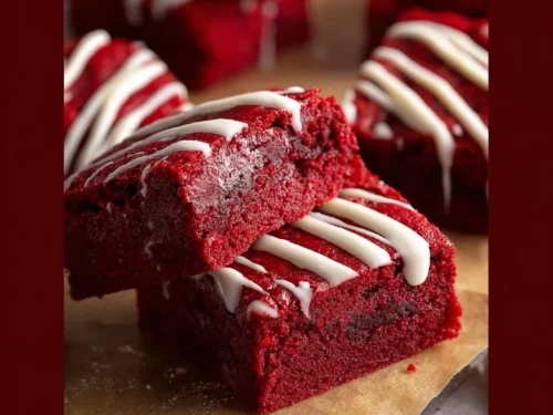 Delicious homemade red velvet brownies topped with cream cheese frosting