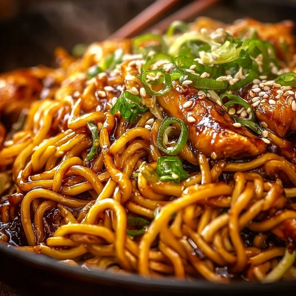 Delicious sticky garlic chicken noodles in a bowl with green onions