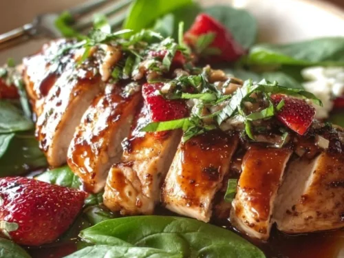 Delicious strawberry balsamic chicken dinner garnished with basil and goat cheese