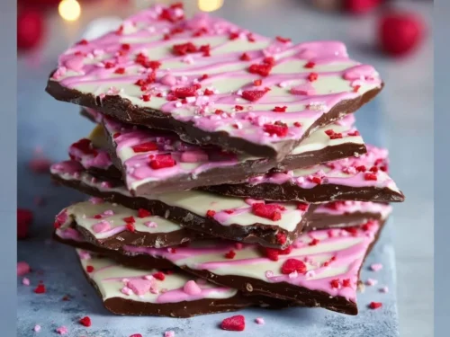 Homemade Valentine Chocolate Bark with heart-shaped toppings