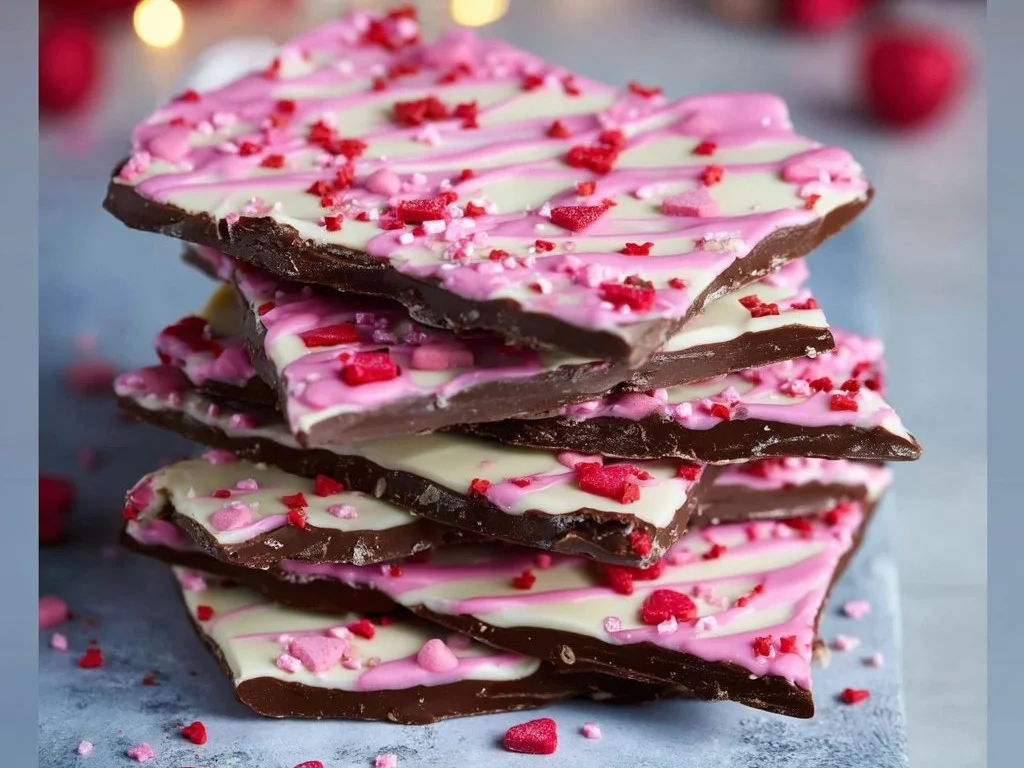 Homemade Valentine Chocolate Bark with heart-shaped toppings