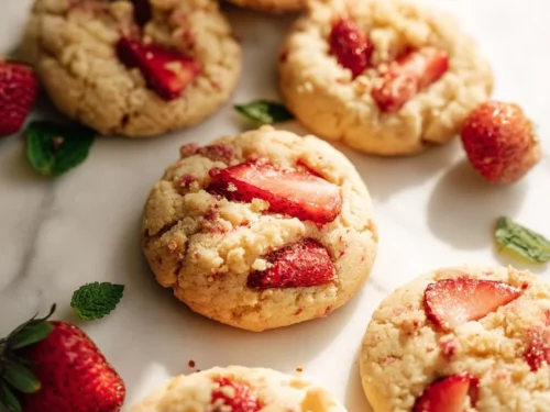 Freshly baked strawberry shortcake cookies on a plate with strawberries
