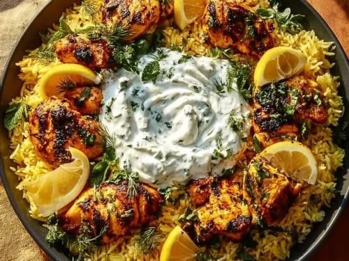 Baked chicken tzatziki rice served in a bowl, garnished with fresh herbs.