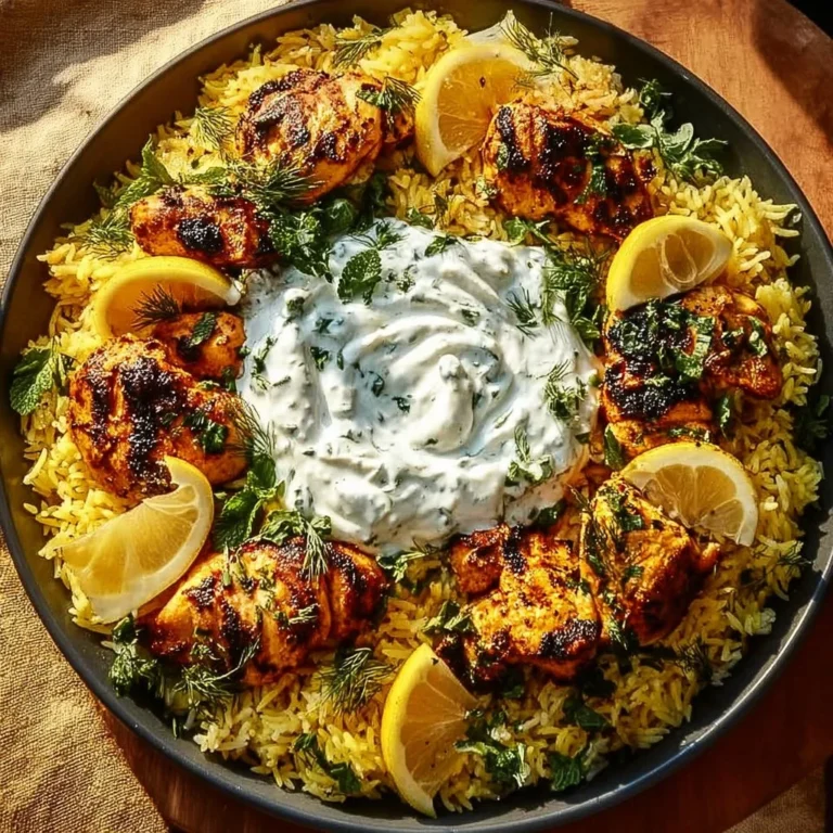 Baked chicken tzatziki rice served in a bowl, garnished with fresh herbs.