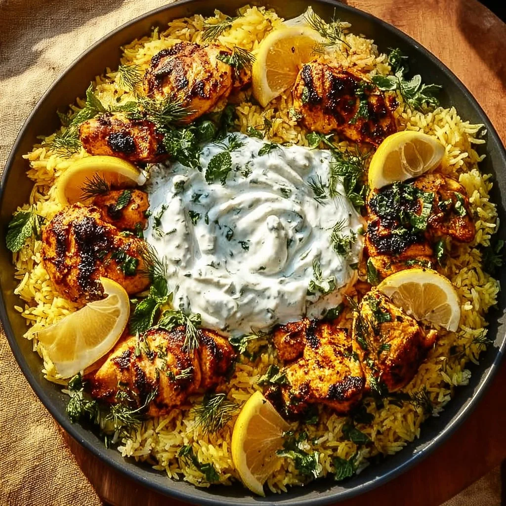 Baked chicken tzatziki rice served in a bowl, garnished with fresh herbs.