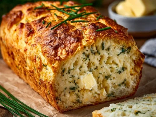 Loaf of easy 2-ingredient cottage cheese bread on a wooden cutting board
