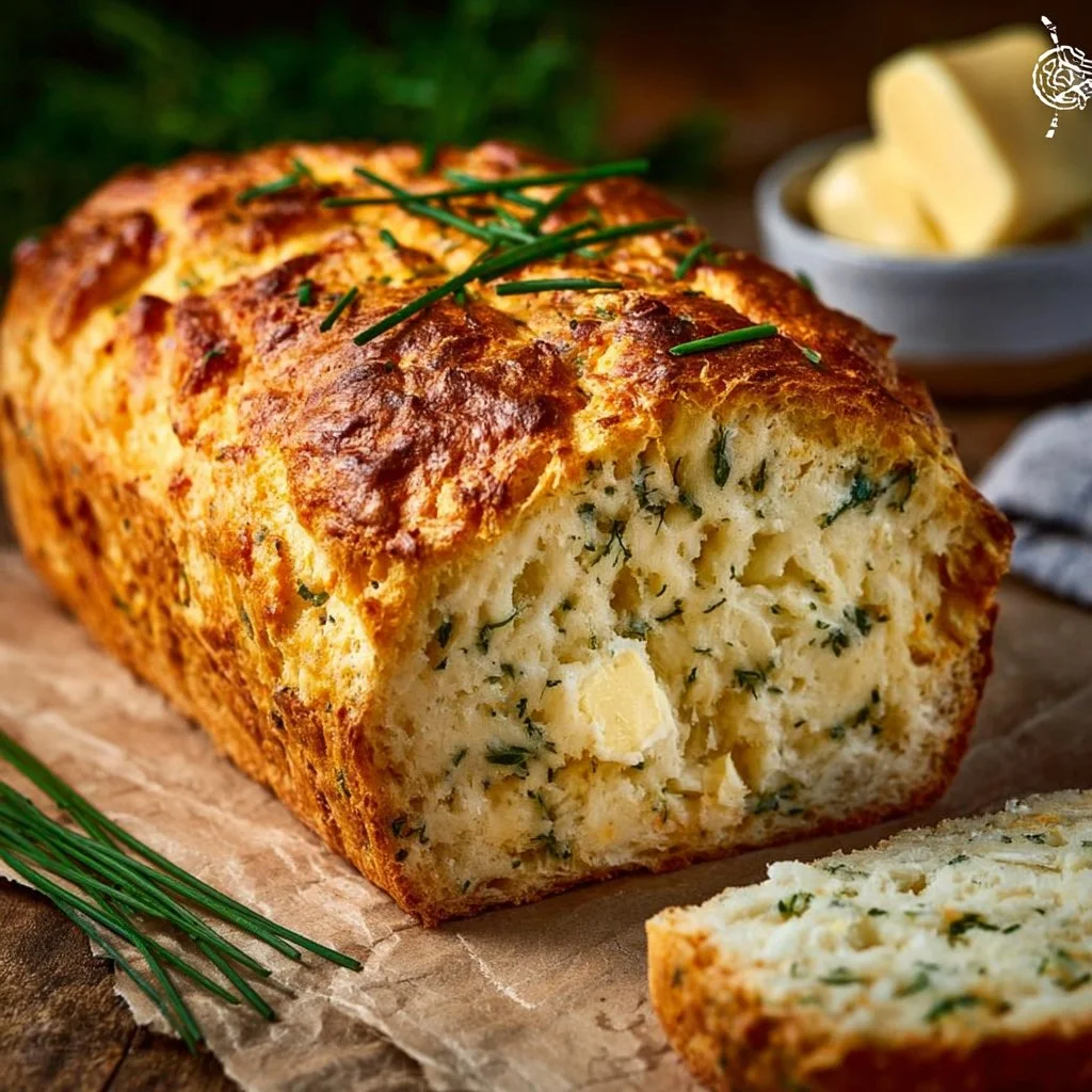 Loaf of easy 2-ingredient cottage cheese bread on a wooden cutting board