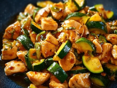Delicious chicken zucchini stir fry served in a colorful dish