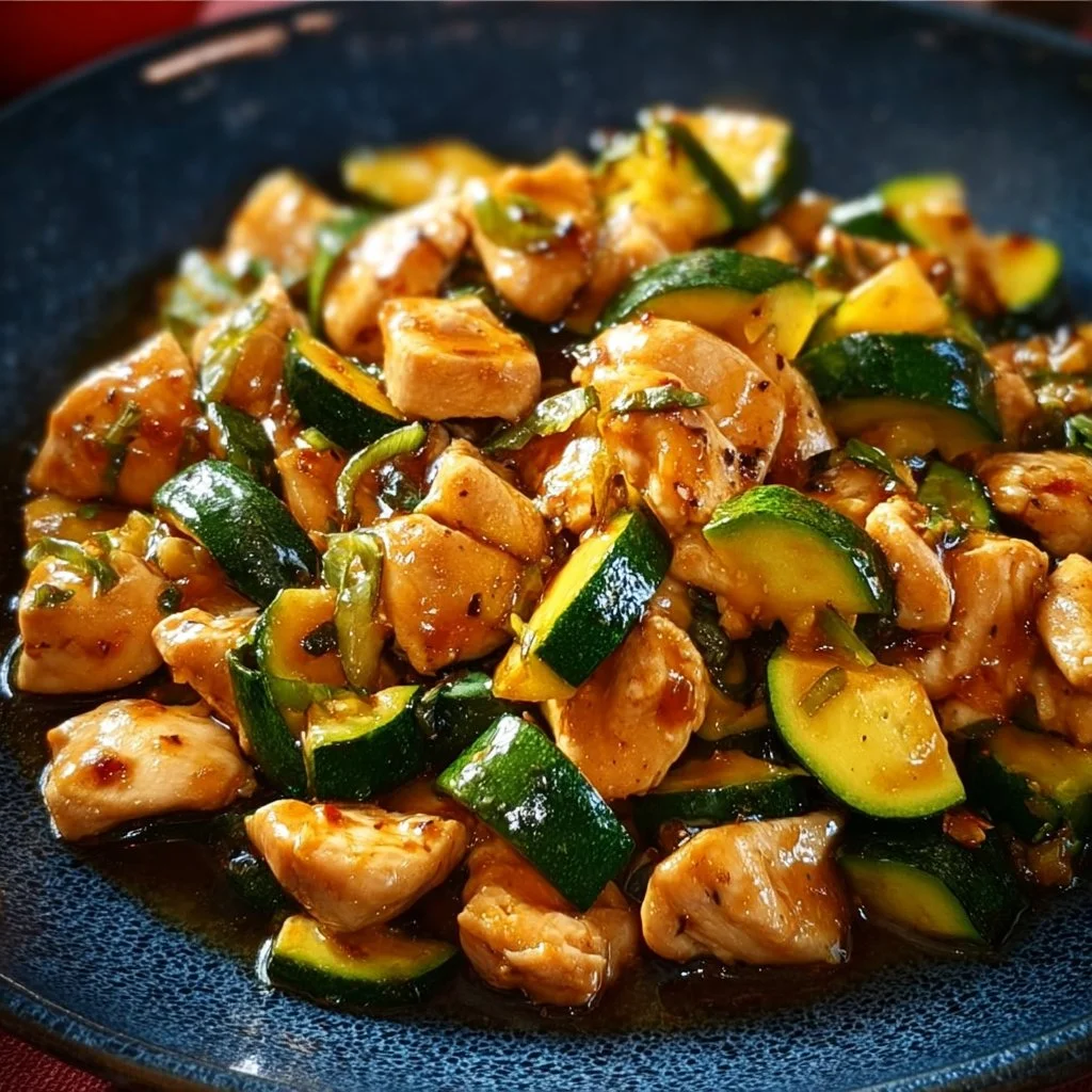 Delicious chicken zucchini stir fry served in a colorful dish