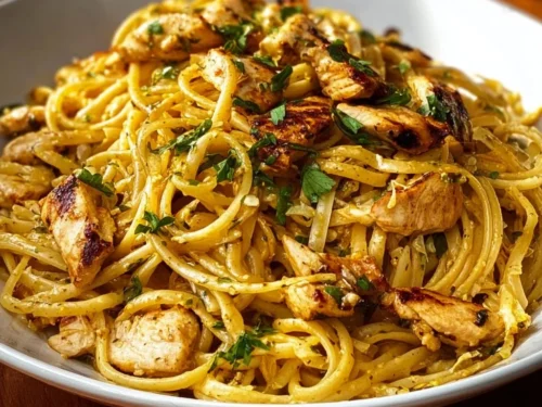 Plate of Easy Cowboy Butter Chicken Linguine with herbs and spices garnishing