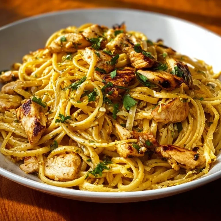 Plate of Easy Cowboy Butter Chicken Linguine with herbs and spices garnishing