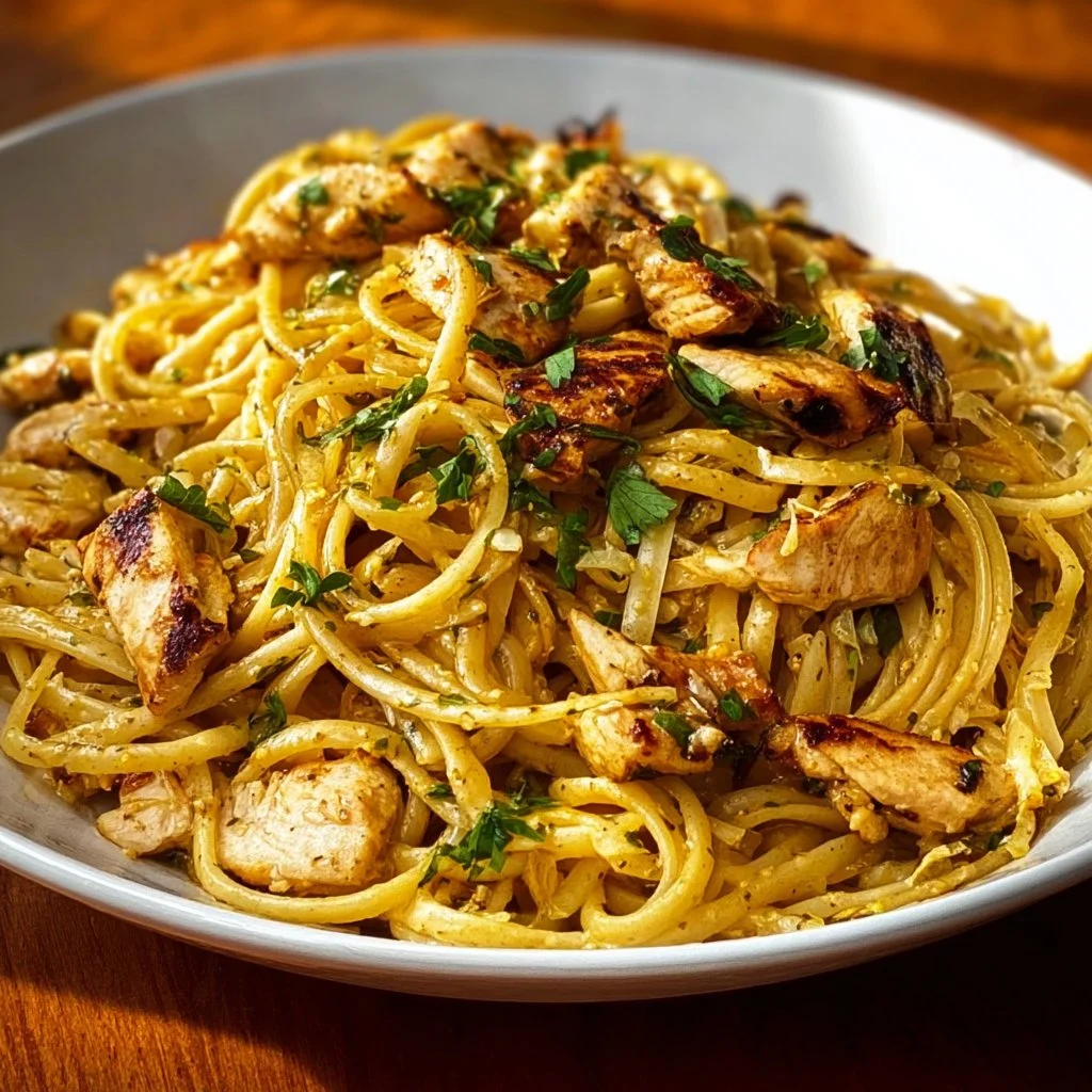Plate of Easy Cowboy Butter Chicken Linguine with herbs and spices garnishing