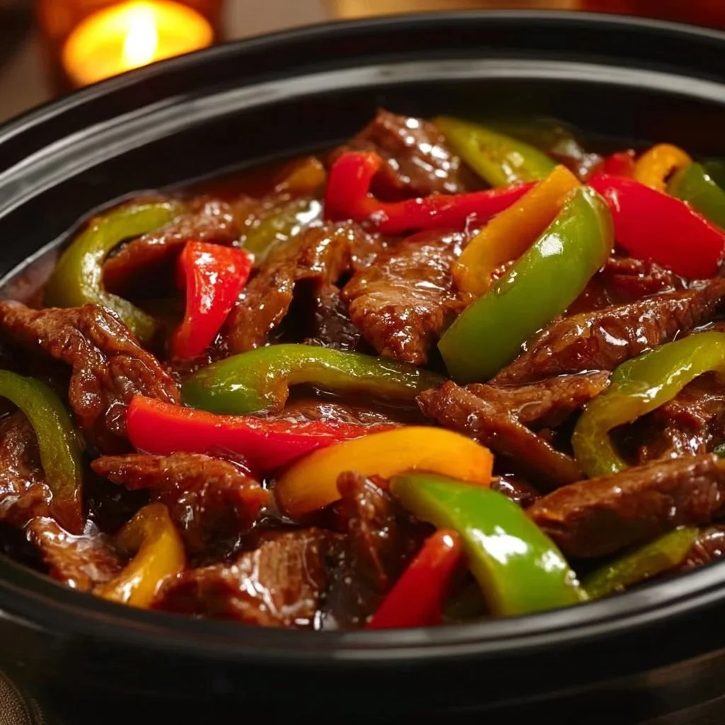 Easy Crock Pot Pepper Steak with beef and vegetables in a slow cooker.