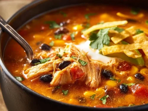 Bowl of easy and delicious chicken tortilla soup with toppings.