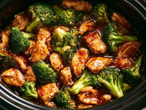 Delicious crockpot teriyaki chicken served with vegetables and rice.