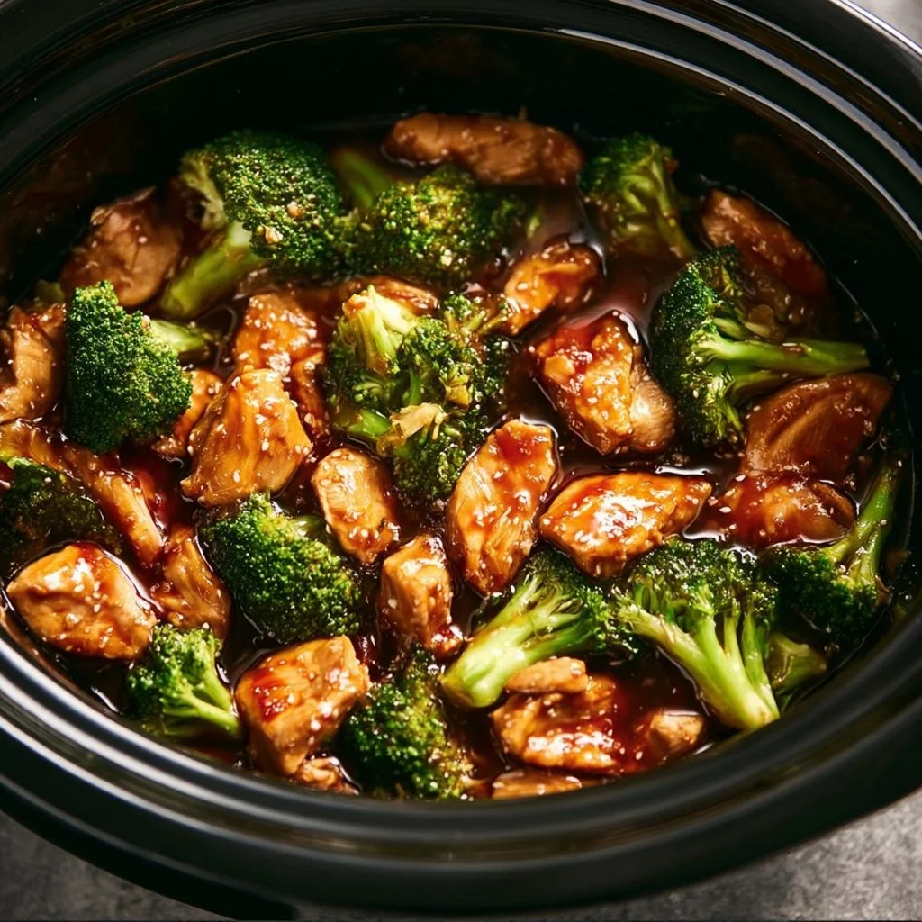 Delicious crockpot teriyaki chicken served with vegetables and rice.