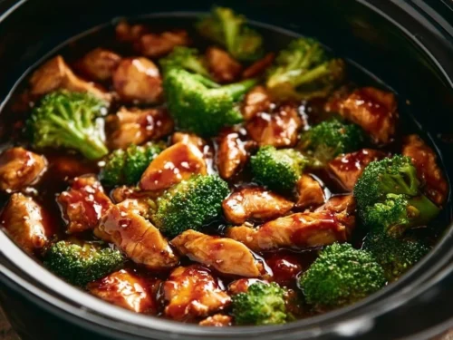 Crockpot teriyaki chicken served with vegetables on a plate