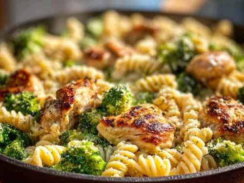 High protein pasta dish with rotisserie chicken and broccoli.