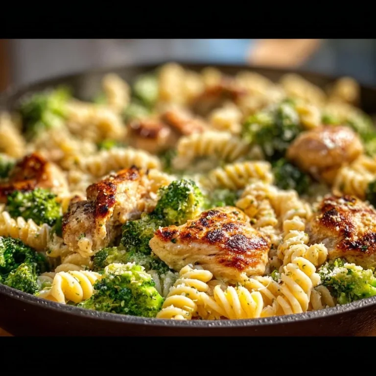 High protein pasta dish with rotisserie chicken and broccoli.