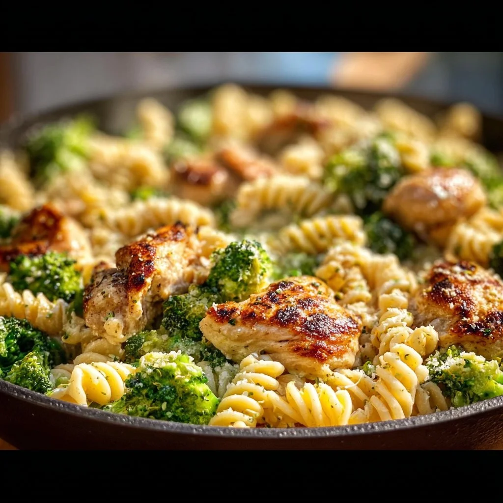 High protein pasta dish with rotisserie chicken and broccoli.