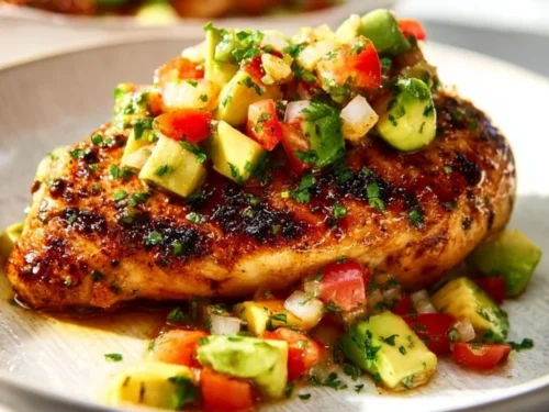Fiesta Lime Chicken served with avocado and cilantro on a plate