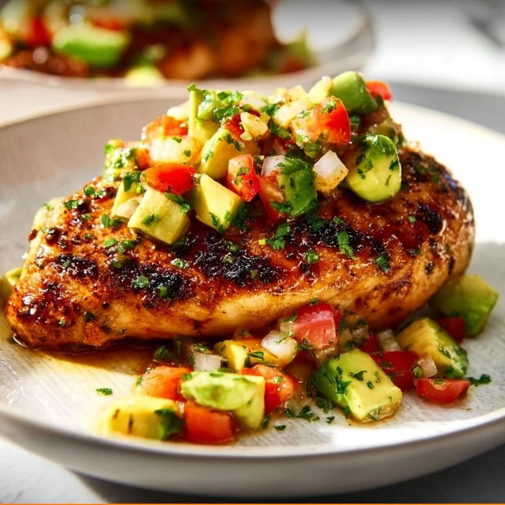 Fiesta Lime Chicken served with avocado and cilantro on a plate