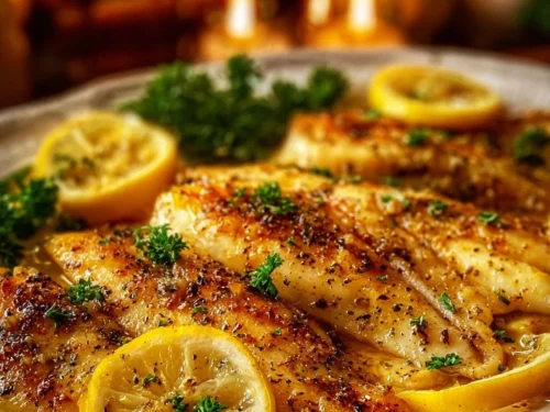 Easy garlic butter baked tilapia dish on a plate with herbs and lemon