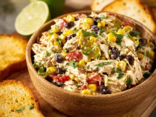 High protein Southwest Chicken Salad in a bowl with colorful ingredients