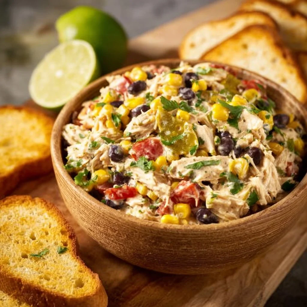 High protein Southwest Chicken Salad in a bowl with colorful ingredients