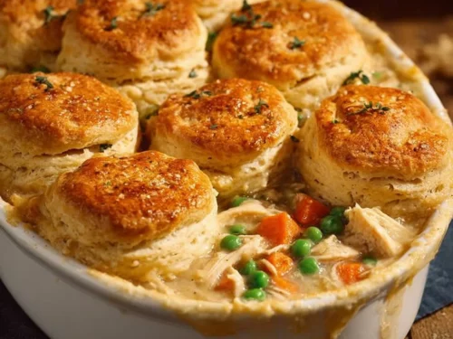 Delicious homemade chicken pot pie casserole served in a baking dish