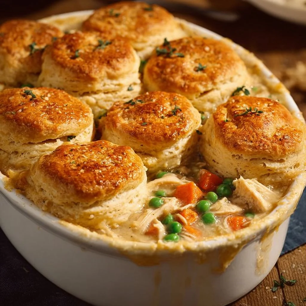 Delicious homemade chicken pot pie casserole served in a baking dish