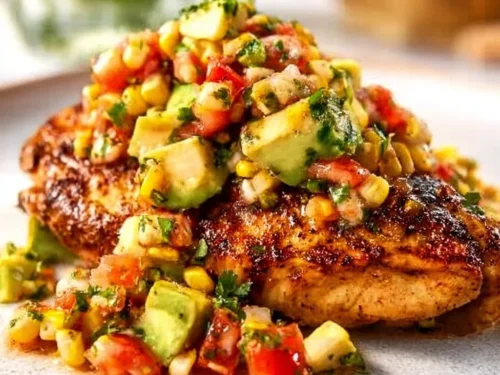 Quick chili lime chicken served with avocado and cilantro garnishing.