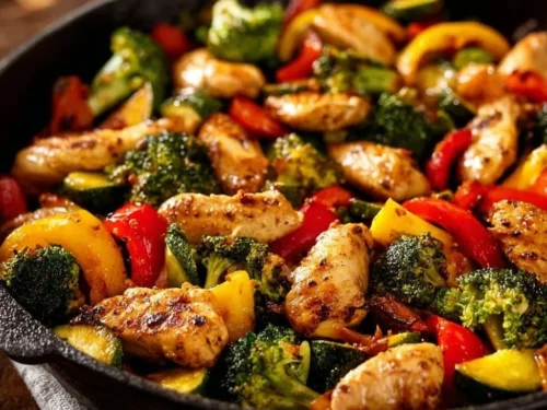 Delicious low carb chicken and vegetables skillet dish for healthy meals.