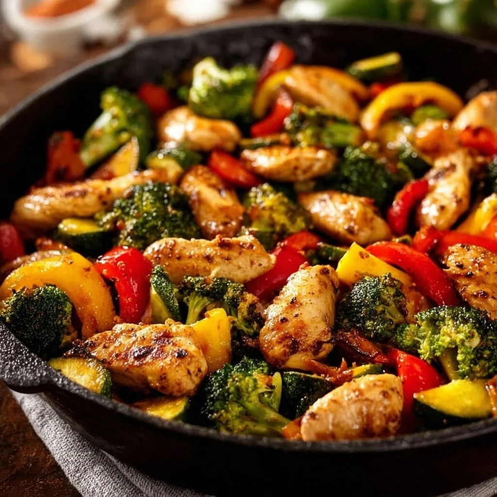 Delicious low carb chicken and vegetables skillet dish for healthy meals.