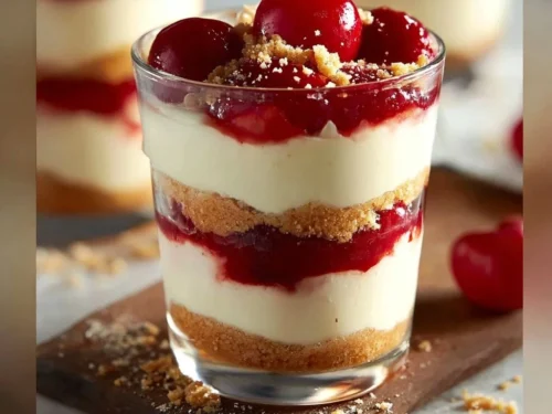 Easy no-bake cherry cheesecake parfait with cherry pie filling dessert