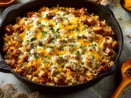 One pot dirty rice with sausage served in a bowl