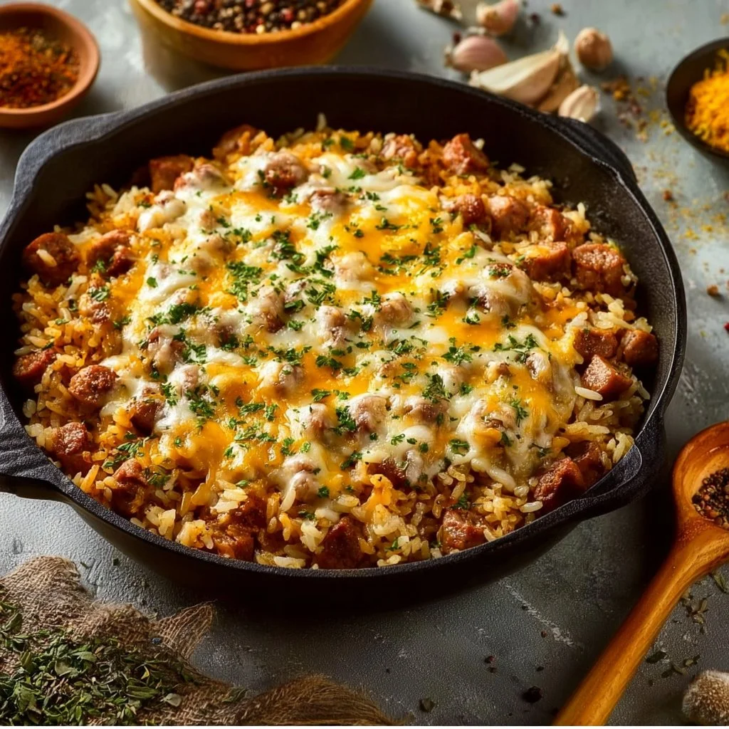 One pot dirty rice with sausage served in a bowl