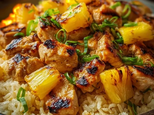 Delicious easy pineapple chicken with rice in a skillet