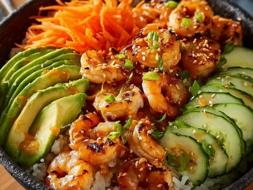 Easy shrimp rice bowls topped with spicy mayo for quick dinners