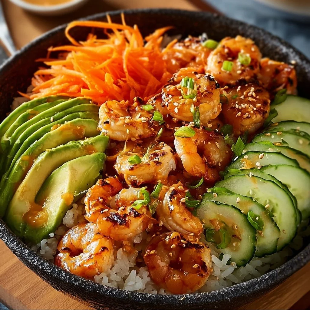 Easy shrimp rice bowls topped with spicy mayo for quick dinners