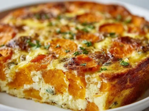 Easy sweet potato egg casserole baked to perfection with creamy topping