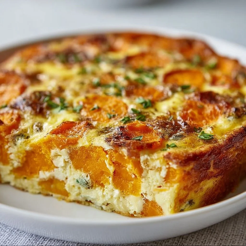 Easy sweet potato egg casserole baked to perfection with creamy topping