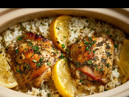 Slow Cooker Lemon Herb Chicken served with fluffy rice on a dinner plate.