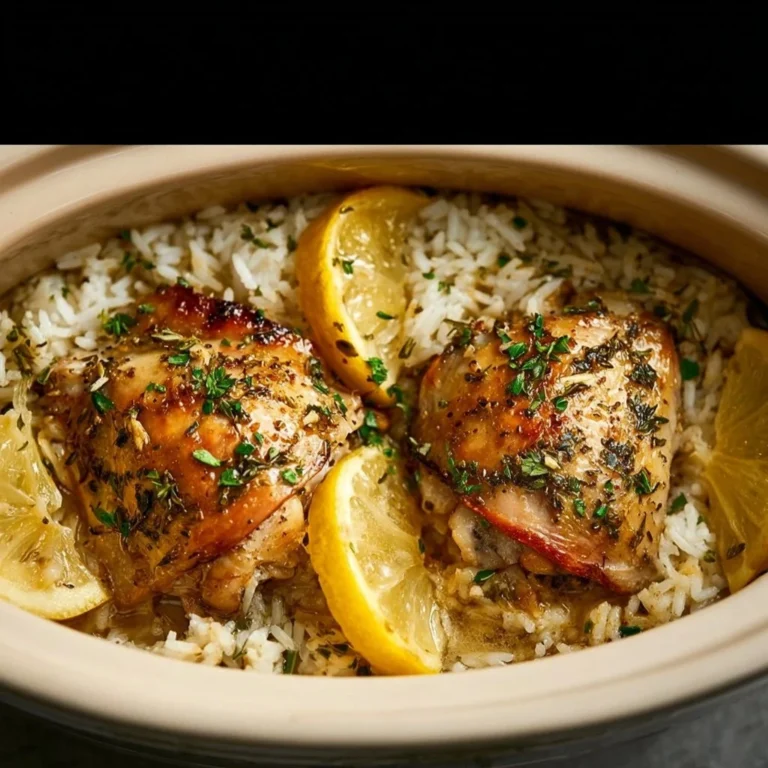 Slow Cooker Lemon Herb Chicken served with fluffy rice on a dinner plate.