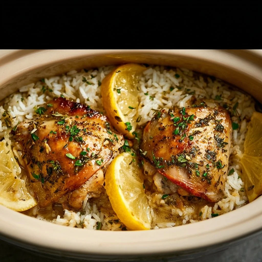 Slow Cooker Lemon Herb Chicken served with fluffy rice on a dinner plate.